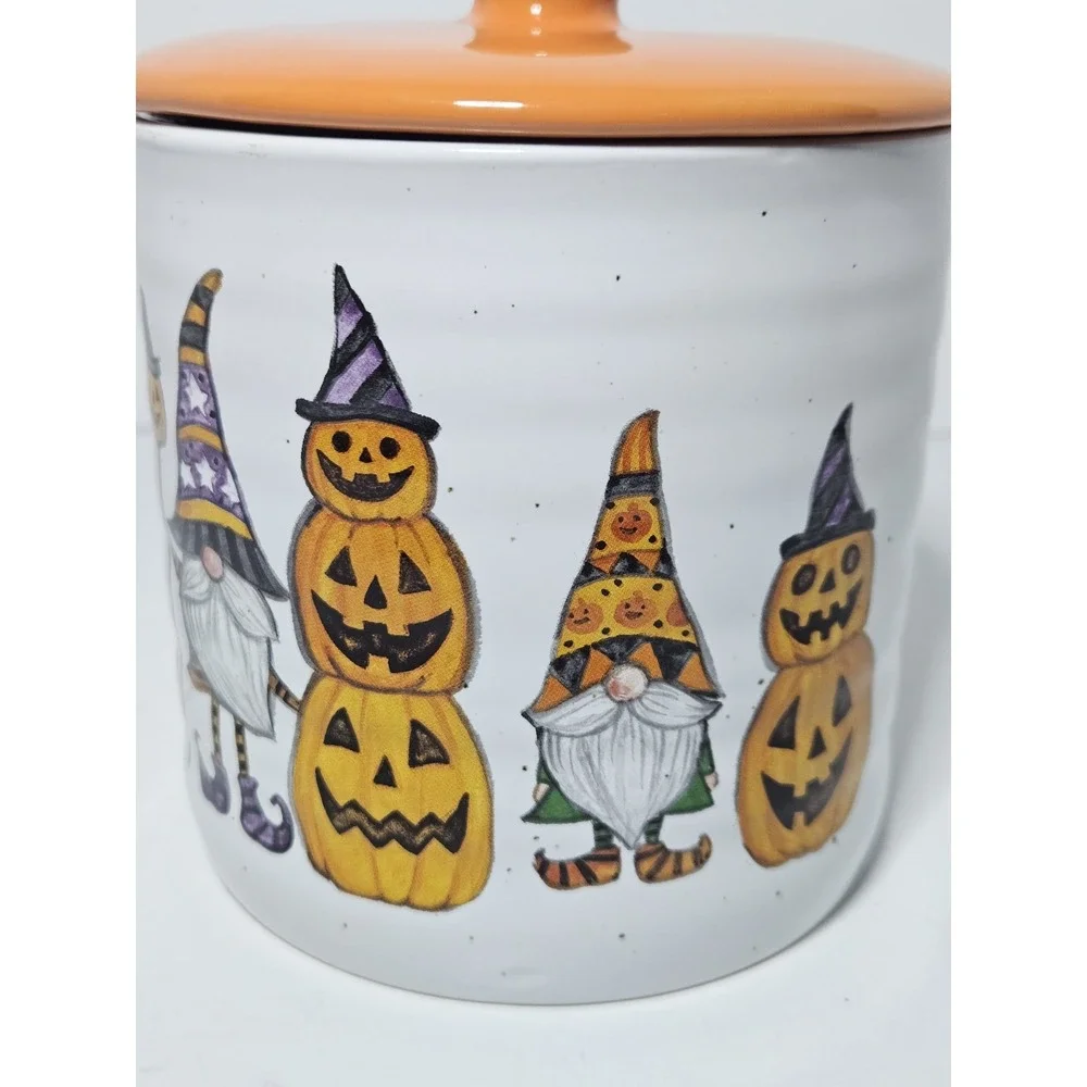 Cobwebs And Cauldrons Halloween Gnome Pumpkin Ceramic Canister Cookie Jar Orange
